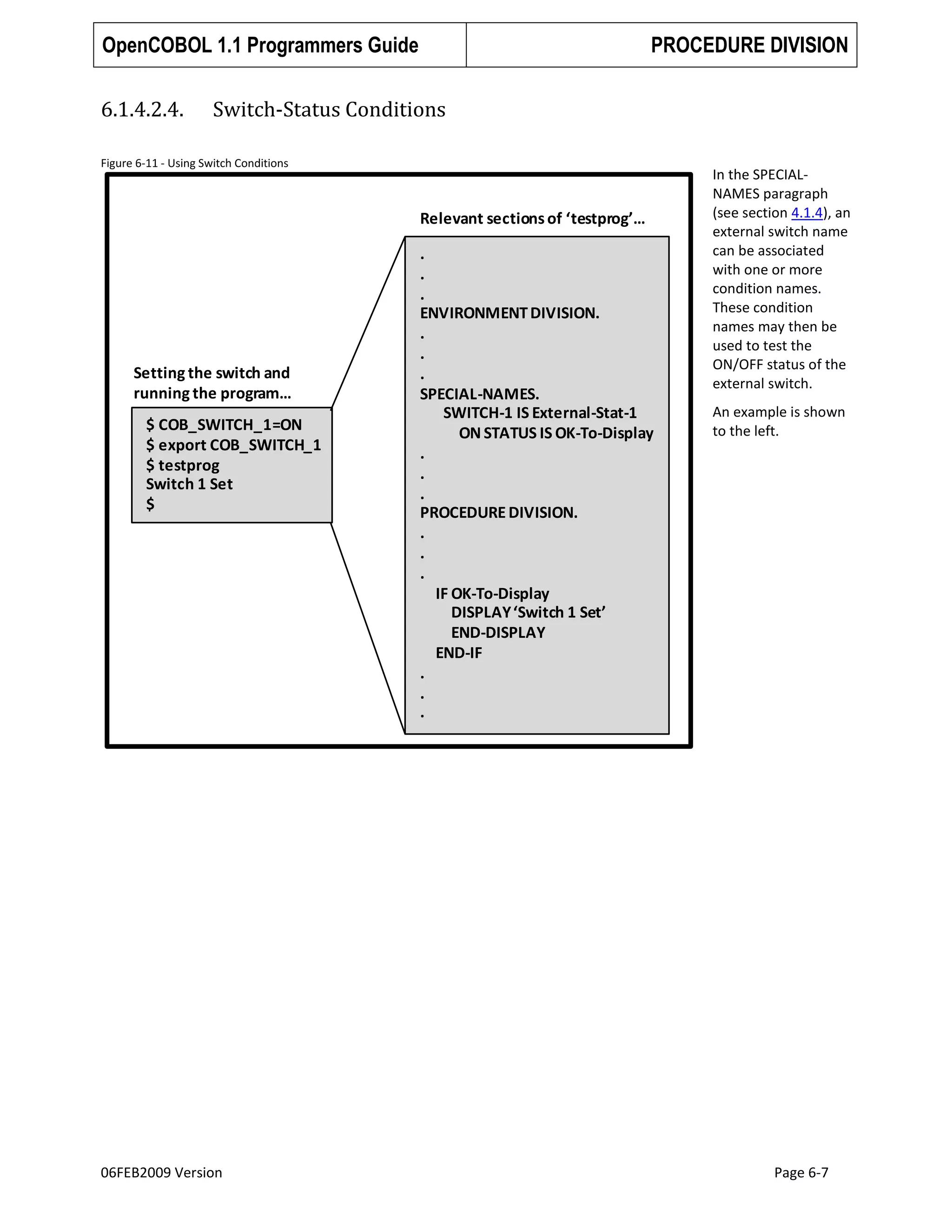OpenCOBOL 1.1 Programmers Guide
6.1.4.2.4.

PROCEDURE DIVISION

Switch-Status Conditions

Figure 6-11 - Using Switch Conditions

Relevant sections of ‘testprog’…

Setting the switch and
running the program…
$ COB_SWITCH_1=ON
$ export COB_SWITCH_1
$ testprog
Switch 1 Set
$

06FEB2009 Version

.
.
.
ENVIRONMENT DIVISION.
.
.
.
SPECIAL-NAMES.
SWITCH-1 IS External-Stat-1
ON STATUS IS OK-To-Display
.
.
.
PROCEDURE DIVISION.
.
.
.
IF OK-To-Display
DISPLAY ‘Switch 1 Set’
END-DISPLAY
END-IF
.
.
.

In the SPECIALNAMES paragraph
(see section 4.1.4), an
external switch name
can be associated
with one or more
condition names.
These condition
names may then be
used to test the
ON/OFF status of the
external switch.
An example is shown
to the left.

Page 6-7

 