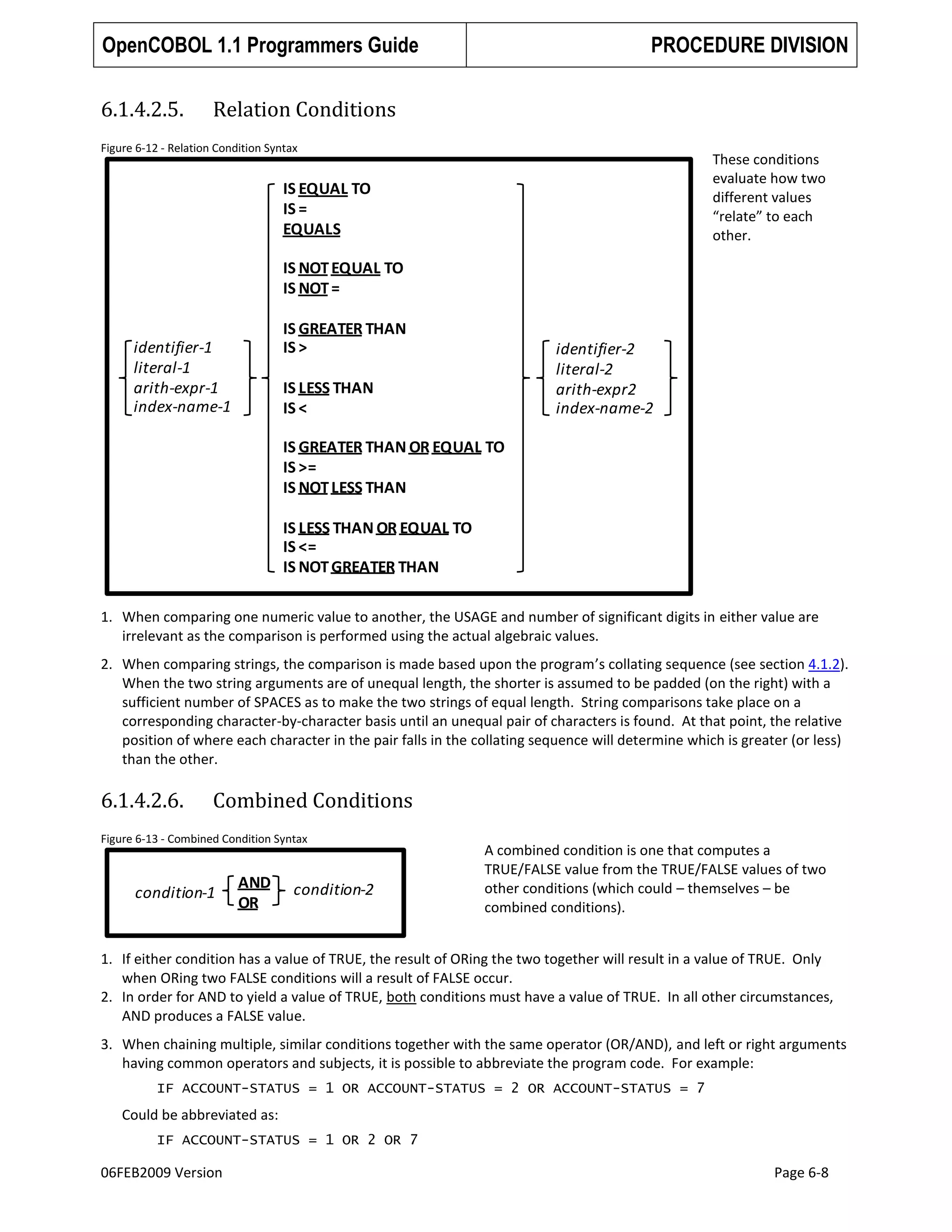 OpenCOBOL 1.1 Programmers Guide
6.1.4.2.5.

PROCEDURE DIVISION

Relation Conditions

Figure 6-12 - Relation Condition Syntax

These conditions
evaluate how two
different values
“relate” to each
other.

IS EQUAL TO
IS =
EQUALS
IS NOT EQUAL TO
IS NOT =
IS GREATER THAN
IS >

identifier-1
literal-1
arith-expr-1
index-name-1

identifier-2
literal-2
arith-expr2
index-name-2

IS LESS THAN
IS <
IS GREATER THAN OR EQUAL TO
IS >=
IS NOT LESS THAN

IS LESS THAN OR EQUAL TO
IS <=
IS NOT GREATER THAN
1. When comparing one numeric value to another, the USAGE and number of significant digits in either value are
irrelevant as the comparison is performed using the actual algebraic values.
2. When comparing strings, the comparison is made based upon the program’s collating sequence (see section 4.1.2).
When the two string arguments are of unequal length, the shorter is assumed to be padded (on the right) with a
sufficient number of SPACES as to make the two strings of equal length. String comparisons take place on a
corresponding character-by-character basis until an unequal pair of characters is found. At that point, the relative
position of where each character in the pair falls in the collating sequence will determine which is greater (or less)
than the other.

6.1.4.2.6.

Combined Conditions

Figure 6-13 - Combined Condition Syntax

condition-1

AND
OR

condition-2

A combined condition is one that computes a
TRUE/FALSE value from the TRUE/FALSE values of two
other conditions (which could – themselves – be
combined conditions).

1. If either condition has a value of TRUE, the result of ORing the two together will result in a value of TRUE. Only
when ORing two FALSE conditions will a result of FALSE occur.
2. In order for AND to yield a value of TRUE, both conditions must have a value of TRUE. In all other circumstances,
AND produces a FALSE value.
3. When chaining multiple, similar conditions together with the same operator (OR/AND), and left or right arguments
having common operators and subjects, it is possible to abbreviate the program code. For example:
IF ACCOUNT-STATUS = 1 OR ACCOUNT-STATUS = 2 OR ACCOUNT-STATUS = 7

Could be abbreviated as:
IF ACCOUNT-STATUS = 1 OR 2 OR 7

06FEB2009 Version

Page 6-8

 