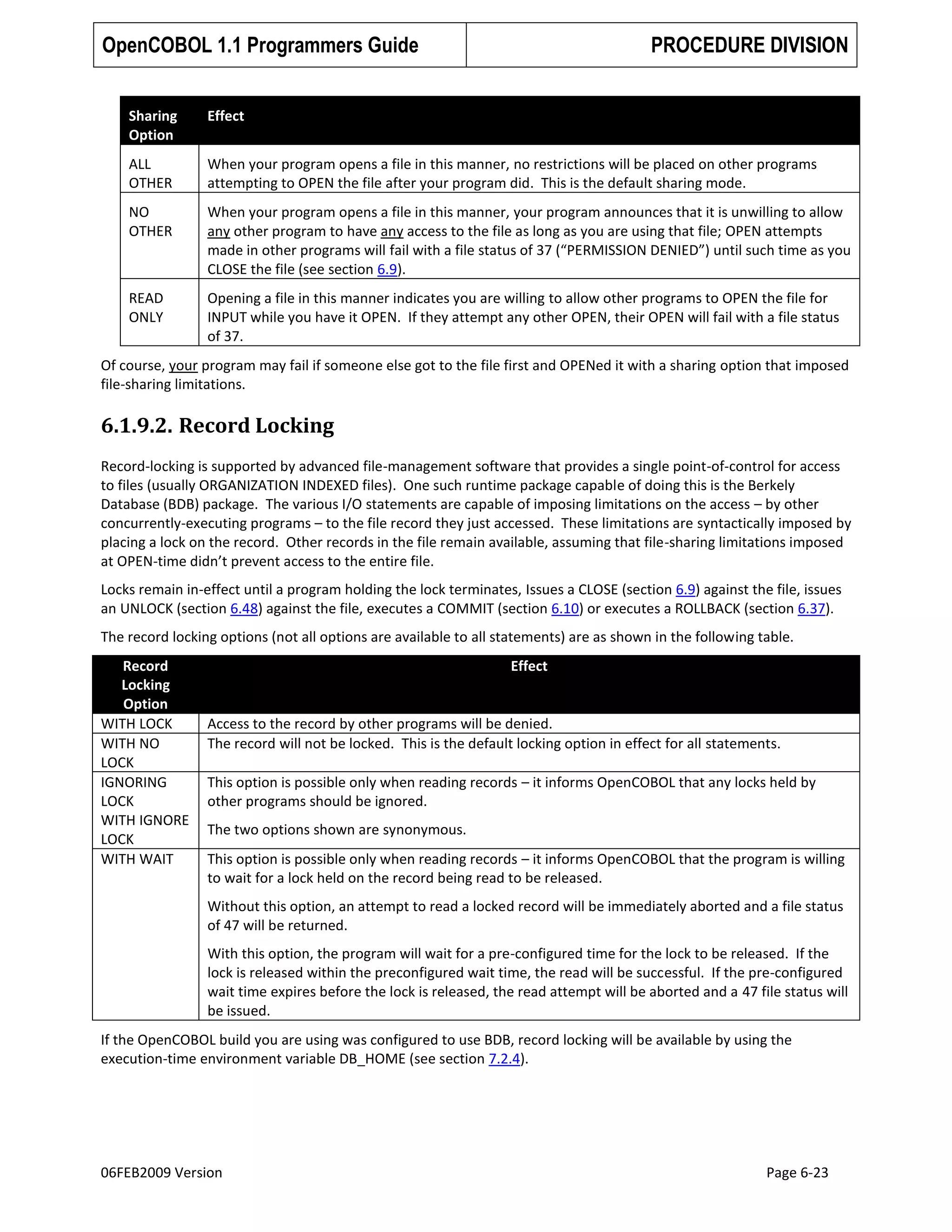 OpenCOBOL 1.1 Programmers Guide

PROCEDURE DIVISION

Sharing
Option

Effect

ALL
OTHER

When your program opens a file in this manner, no restrictions will be placed on other programs
attempting to OPEN the file after your program did. This is the default sharing mode.

NO
OTHER

When your program opens a file in this manner, your program announces that it is unwilling to allow
any other program to have any access to the file as long as you are using that file; OPEN attempts
made in other programs will fail with a file status of 37 (“PERMISSION DENIED”) until such time as you
CLOSE the file (see section 6.9).

READ
ONLY

Opening a file in this manner indicates you are willing to allow other programs to OPEN the file for
INPUT while you have it OPEN. If they attempt any other OPEN, their OPEN will fail with a file status
of 37.

Of course, your program may fail if someone else got to the file first and OPENed it with a sharing option that imposed
file-sharing limitations.

6.1.9.2. Record Locking
Record-locking is supported by advanced file-management software that provides a single point-of-control for access
to files (usually ORGANIZATION INDEXED files). One such runtime package capable of doing this is the Berkely
Database (BDB) package. The various I/O statements are capable of imposing limitations on the access – by other
concurrently-executing programs – to the file record they just accessed. These limitations are syntactically imposed by
placing a lock on the record. Other records in the file remain available, assuming that file-sharing limitations imposed
at OPEN-time didn’t prevent access to the entire file.
Locks remain in-effect until a program holding the lock terminates, Issues a CLOSE (section 6.9) against the file, issues
an UNLOCK (section 6.48) against the file, executes a COMMIT (section 6.10) or executes a ROLLBACK (section 6.37).
The record locking options (not all options are available to all statements) are as shown in the following table.
Record
Locking
Option
WITH LOCK
WITH NO
LOCK
IGNORING
LOCK
WITH IGNORE
LOCK
WITH WAIT

Effect

Access to the record by other programs will be denied.
The record will not be locked. This is the default locking option in effect for all statements.
This option is possible only when reading records – it informs OpenCOBOL that any locks held by
other programs should be ignored.
The two options shown are synonymous.
This option is possible only when reading records – it informs OpenCOBOL that the program is willing
to wait for a lock held on the record being read to be released.
Without this option, an attempt to read a locked record will be immediately aborted and a file status
of 47 will be returned.
With this option, the program will wait for a pre-configured time for the lock to be released. If the
lock is released within the preconfigured wait time, the read will be successful. If the pre-configured
wait time expires before the lock is released, the read attempt will be aborted and a 47 file status will
be issued.

If the OpenCOBOL build you are using was configured to use BDB, record locking will be available by using the
execution-time environment variable DB_HOME (see section 7.2.4).

06FEB2009 Version

Page 6-23

 