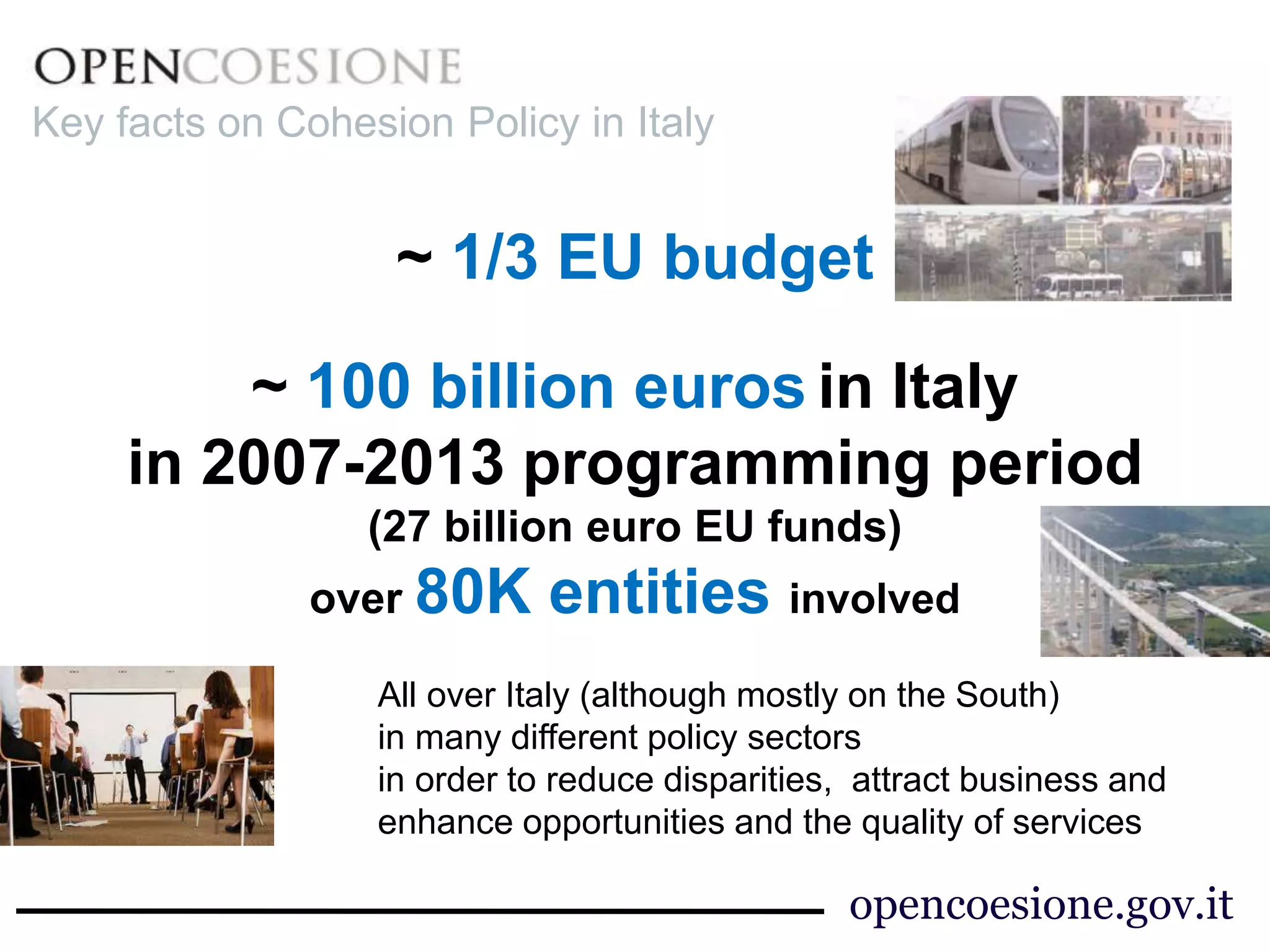 ~ 1/3 EU budget
~ 100 billion euros in Italy
in 2007-2013 programming period
(27 billion euro EU funds)
over 80K entities involved
All over Italy (although mostly on the South)
in many different policy sectors
in order to reduce disparities, attract business and
enhance opportunities and the quality of services
Key facts on Cohesion Policy in Italy
opencoesione.gov.it
 
