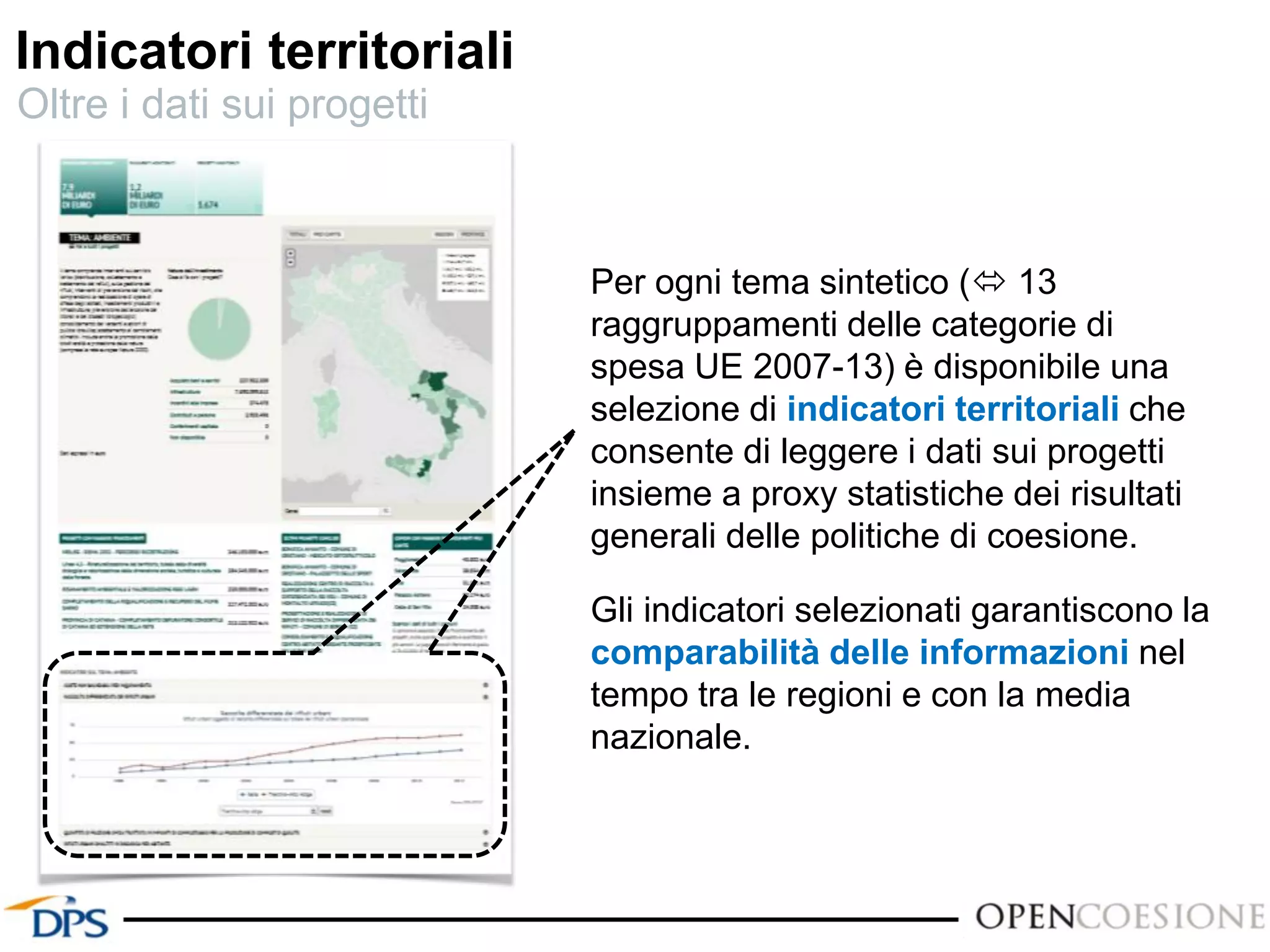 Per ogni tema sintetico ( 13
raggruppamenti delle categorie di
spesa UE 2007-13) è disponibile una
selezione di indicatori territoriali che
consente di leggere i dati sui progetti
insieme a proxy statistiche dei risultati
generali delle politiche di coesione.
Gli indicatori selezionati garantiscono la
comparabilità delle informazioni nel
tempo tra le regioni e con la media
nazionale.
Indicatori territoriali
Oltre i dati sui progetti
 