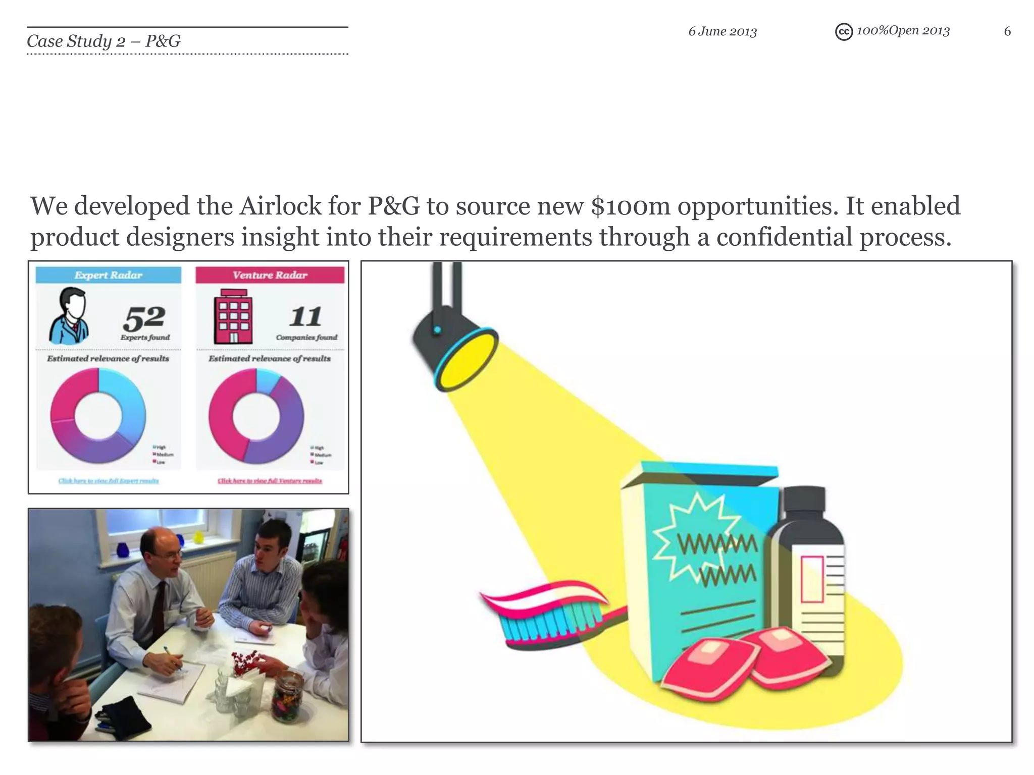 100%Open 2013 6
Case Study 2 – P&G
6 June 2013
We developed the Airlock for P&G to source new $100m opportunities. It enabled
product designers insight into their requirements through a confidential process.
 