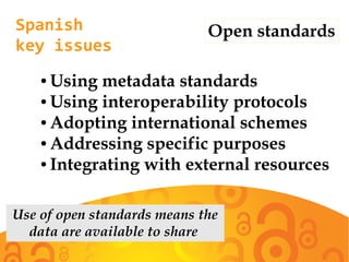 Spanish
key issues
Open standards
● Using metadata standards
● Using interoperability protocols
● Adopting international schemes
● Addressing specific purposes
● Integrating with external resources
Use of open standards means the
data are available to share
 
