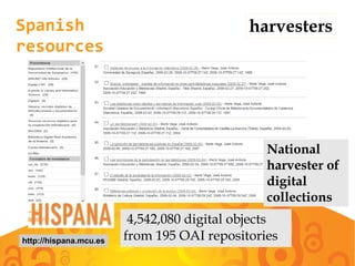 Spanish
resources
4,542,080 digital objects
from 195 OAI repositorieshttp://hispana.mcu.es
National
harvester of
digital
collections
harvesters
 