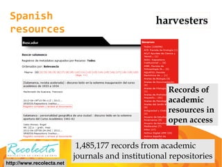 Spanish
resources
harvesters
1,485,177 records from academic
journals and institutional repositories
http://www.recolecta.net
Records of
academic
resources in
open access
 