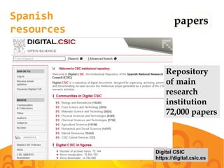 Spanish
resources
papers
Digital CSIC
https://digital.csic.es
Repository
of main
research
institution
72,000 papers
 