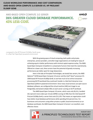 AUGUST 2013
A PRINCIPLED TECHNOLOGIES TEST REPORT
Commissioned by Advanced Micro Devices, Inc.
CLOUD WORKLOAD PERFORMANCE AND COST COMPARISON:
AMD-BASED OPEN COMPUTE 3.0 SERVER VS. HP PROLIANT
DL360P GEN8
With the growing space of cloud computing, both public and private,
enterprises, service providers, and other large organizations are looking for ways of
achieving equal or better performance with minimal capital expense outlay. The AMD-
based Open Compute 3.0 platform is comprised of servers that meet this need directly.
Offered at a lower cost, these servers have the potential of greatly increasing
performance per dollar spent for large datacenters.
Here in the labs at Principled Technologies, we tested two servers, the AMD
Opteron™ 6378-based Open Compute 3.0 server and the Intel® Xeon® processor E5-
2640-based HP ProLiant DL360p Gen8, to see how much of an online transaction
processing (OLTP) workload they could each handle in a Red Hat Enterprise Linux
OpenStack platform-powered environment. Since many cloud services use open source
database software, we configured the virtual machine (VM) test image to use
PostgreSQL and tested multiple VMs on each server running an OLTP workload.
The AMD-based Open Compute 3.0 server, which costs only $6,311, handled
26.2 percent more orders per minute (OPM) running 12 VMs than the Intel-based HP
ProLiant DL360p Gen8, a server that costs $11,193. That means an organization could
have better cloud database performance while spending 43.6 percent less. For
businesses and consumers using either private or public cloud environments to run
database workloads, the AMD-based Open Compute 3.0 server is an excellent, cost-
effective choice.
 