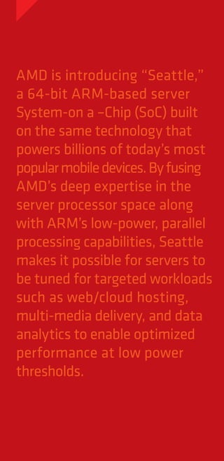 Trim

OUTSIDE FLAP - FOLDS IN - PRINTER TO ADJUST SIZE - SO IT FOLDS IN PROPERLY

OUTSIDE MIDDLE PANEL

OUTSIDE FRONT COVER

5 inches

5 inches

Trim

5 inches

Trim

Trim

1.25”
SPECIAL
TRIM
45°

AMD is introducing “Seattle,”
a 64-bit ARM-based server
System-on a –Chip (SoC) built
on the same technology that
powers billions of today’s most
popular mobile devices. By fusing
AMD’s deep expertise in the
server processor space along
with ARM’s low-power, parallel
processing capabilities, Seattle
makes it possible for servers to
be tuned for targeted workloads
such as web/cloud hosting,
multi-media delivery, and data
analytics to enable optimized
performance at low power
thresholds.

The Advent
of ARM-Based
SoCs in the
Data Center.

note:
gray lines
will print
not as gray
but as
clear foil

10 inches

©  013 Advanced Micro Devices, Inc.
2
All rights reserved. AMD, the AMD Arrow
logo, AMD Opteron, and combinations
thereof, are trademarks of Advanced
Micro Devices, Inc. Other names are for
informational purposes only and may be
trademarks of their respective owners.

Trim

Trim

Trim

Fold

Fold

Trim

 