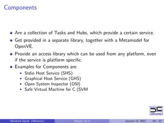 Components


    Are a collection of Tasks and Hubs, which provide a certain service.
    Get provided in a separate library, together with a Metamodel for
    OpenVE.
    Provide an access library which can be used from any platform, even
    if the service is platform speciﬁc.
    Examples for Components are:
           Stdio Host Service (SHS)
           Graphical Host Service (GHS)
           Open System Inspector (OSI)
           Safe Virtual Machine for C (SVM




 Bernhard Sputh (Altreonic)        Session #1.3          January 12, 2012   19 / 37
 