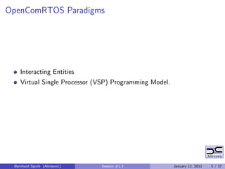OpenComRTOS Paradigms




    Interacting Entities
    Virtual Single Processor (VSP) Programming Model.




 Bernhard Sputh (Altreonic)   Session #1.3              January 12, 2012   5 / 37
 