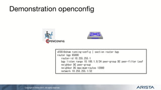 Copyright © Arista 2017. All rights reserved.
Demonstration openconfig
vEOS1#show running-config | section router bgp
router bgp 65000
router-id 10.255.255.1
bgp listen range 10.100.1.0/24 peer-group DC peer-filter Leaf
neighbor DC peer-group
neighbor DC maximum-routes 12000
network 10.255.255.1/32
 