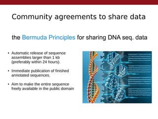 Community agreements to share data
the Bermuda Principles for sharing DNA seq. data
● Automatic release of sequence
assemblies larger than 1 kb
(preferably within 24 hours).
● Immediate publication of finished
annotated sequences.
● Aim to make the entire sequence
freely available in the public domain
 