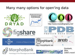 Many many options for open'ing data
Genbank,
SRA,
1000's more!
http://www.crystallography.net/
 