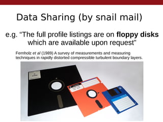 Data Sharing (by snail mail)
e.g. “The full profile listings are on floppy disks
which are available upon request”
Fernholz et al (1989) A survey of measurements and measuring
techniques in rapidly distorted compressible turbulent boundary layers.
 
