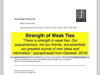 Strength of Weak Ties
       “There is strength in weak ties. Our
  acquaintances, not our friends, are potentially
      our greatest source of new ideas and
information.” (paraphrased from Gladwell, 2010)
 