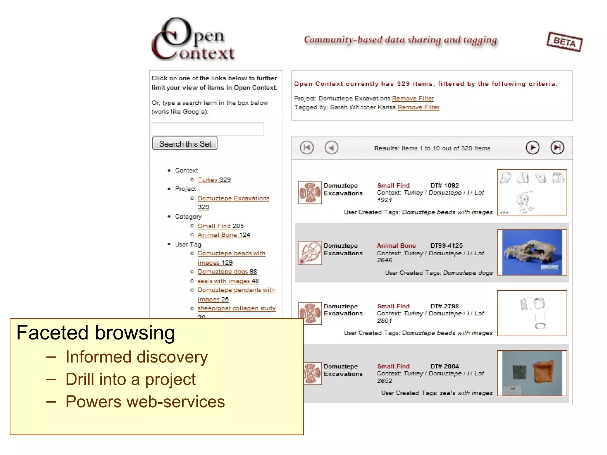 Faceted browsing Informed discovery Drill into a project Powers web-services 