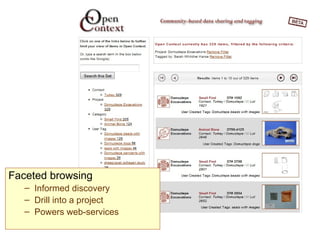 Faceted browsing Informed discovery Drill into a project Powers web-services 