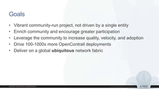 • Vibrant community-run project, not driven by a single entity
• Enrich community and encourage greater participation
• Leverage the community to increase quality, velocity, and adoption
• Drive 100-1000x more OpenContrail deployments
• Deliver on a global ubiquitous network fabric
Goals
 