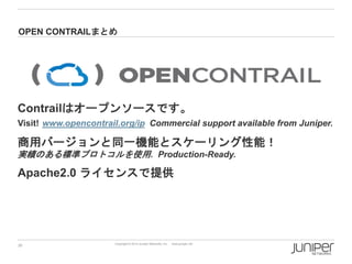 OPEN CONTRAILまとめ

Contrailはオープンソースです。
Visit! www.opencontrail.org/ip Commercial support available from Juniper.

商用バージョンと同一機能とスケーリング性能！
実績のある標準プロトコルを使用. Production-Ready.

Apache2.0 ライセンスで提供

20

Copyright © 2014 Juniper Networks, Inc.

www.juniper.net

 