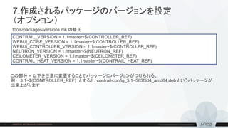 7.作成されるパッケージのバージョンを設定
（オプション）
CONTRAIL_VERSION = 1.1master~$(CONTROLLER_REF)
WEBUI_CORE_VERSION = 1.1master~$(CONTROLLER_REF)
WEBUI_CONTROLLER_VERSION = 1.1master~$(CONTROLLER_REF)
NEUTRON_VERSION = 1.1master~$(NEUTRON_REF)
CEILOMETER_VERSION = 1.1master~$(CEILOMETER_REF)
CONTRAIL_HEAT_VERSION = 1.1master~$(CONTRAIL_HEAT_REF)
tools/packages/versions.mk の修正
この部分 = 以下を任意に変更することでパッケージにバージョンがつけられる。
例） 3.1~$(CONTROLLER_REF) とすると、contrail-config_3.1~563f5d4_amd64.deb というパッケージが
出来上がります
 