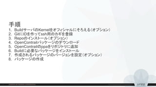 手順
1. BuildサーバのKernelをオフィシャルにそろえる（オプション）
2. GitにIDを作ってssh用のカギを登録
3. Repoのインストール（オプション）
4. OpenContrailパッケージのダウンロード
5. OpenContrailのppaをリポジトリに追加
6. Buildに必要なパッケージをインストール
7. 作成されるパッケージのバージョンを設定（オプション）
8. パッケージの作成
 