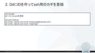 2. GitにIDを作ってssh用のカギを登録
ssh-keygen
git にid_rsa.pubを登録
apt-get install git
git config --global user.email “hogehoge@example.com"
git config --global user.name “hogehoge"
 