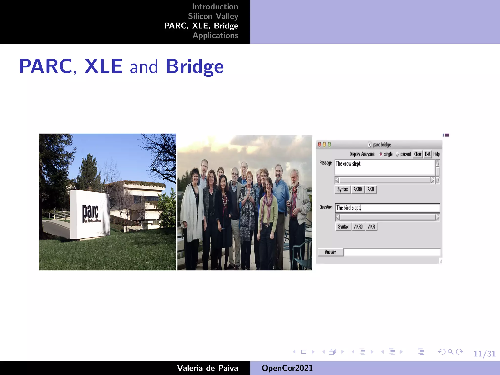 11/31
Introduction
Silicon Valley
PARC, XLE, Bridge
Applications
PARC, XLE and Bridge
Valeria de Paiva OpenCor2021
 