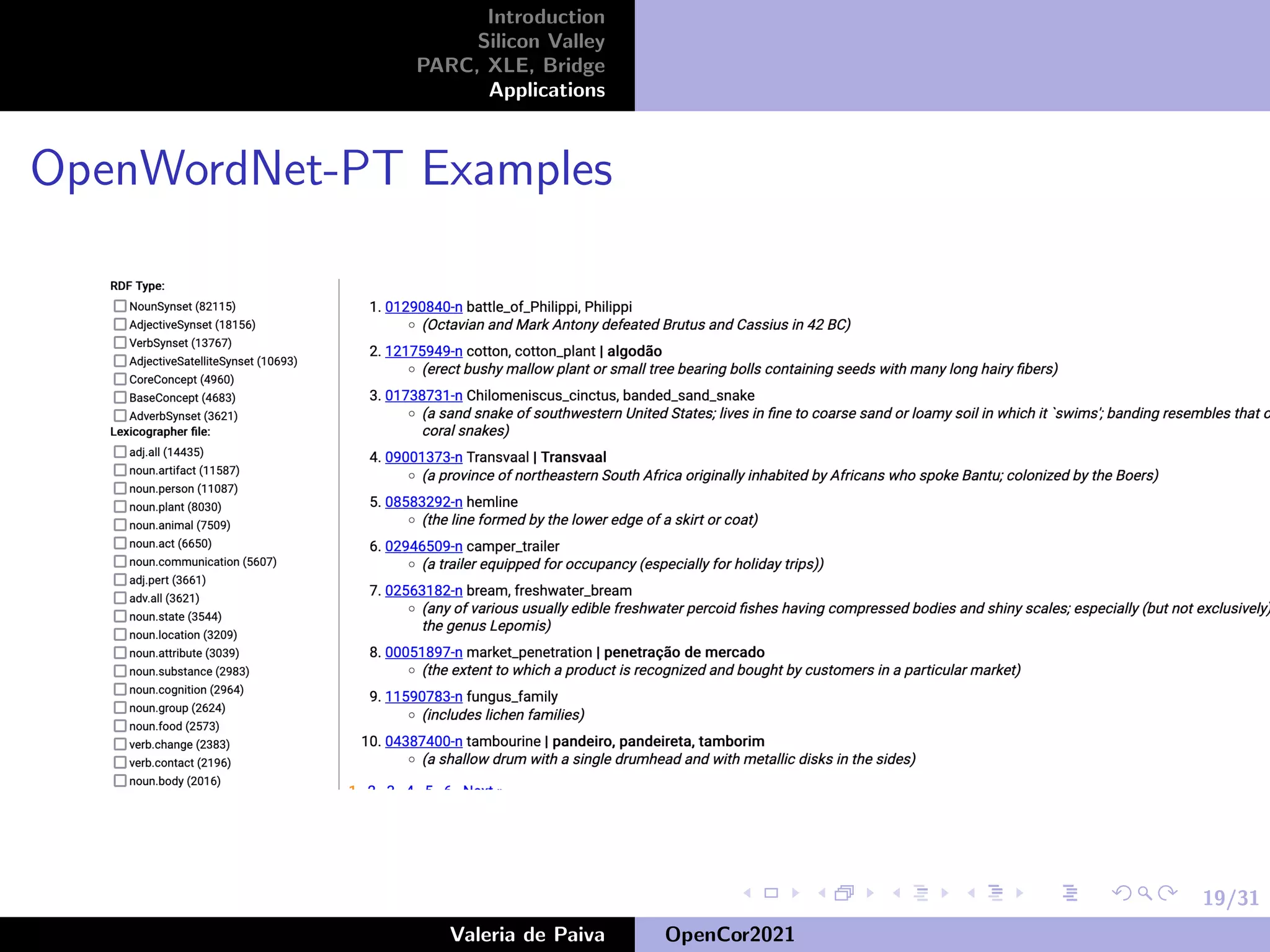 19/31
Introduction
Silicon Valley
PARC, XLE, Bridge
Applications
OpenWordNet-PT Examples
Valeria de Paiva OpenCor2021
 