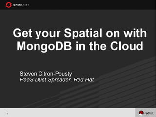 Get your Spatial on with
    MongoDB in the Cloud

     Steven Citron-Pousty
     PaaS Dust Spreader, Red Hat




1
 