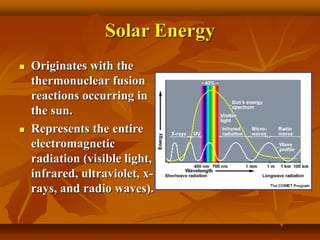 Solar Energy
 Originates with the
thermonuclear fusion
reactions occurring in
the sun.
 Represents the entire
electromagnetic
radiation (visible light,
infrared, ultraviolet, x-
rays, and radio waves).
 