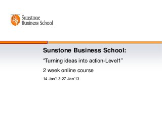 Sunstone Business School:
“Turning ideas into action-Level1”
2 week online course
14 Jan’13-27 Jan’13
 