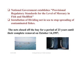 13-07-2018 Dr.Mujeeb Rahman P, GASC-Kozhikode
National Government establishes "Provisional
Regulatory Standards for the Level of Mercury in
Fish and Shellfish"
Installation of Dividing net in sea to stop spreading of
contaminated fishes.
The nets closed off the bay for a period of 23 years until
their complete removal on October 14,1997.
 