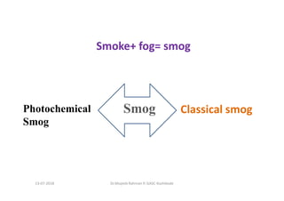 Smoke+ fog= smog
Smog Classical smogPhotochemical
Smog
Dr.Mujeeb Rahman P, GASC-Kozhikode13-07-2018
 