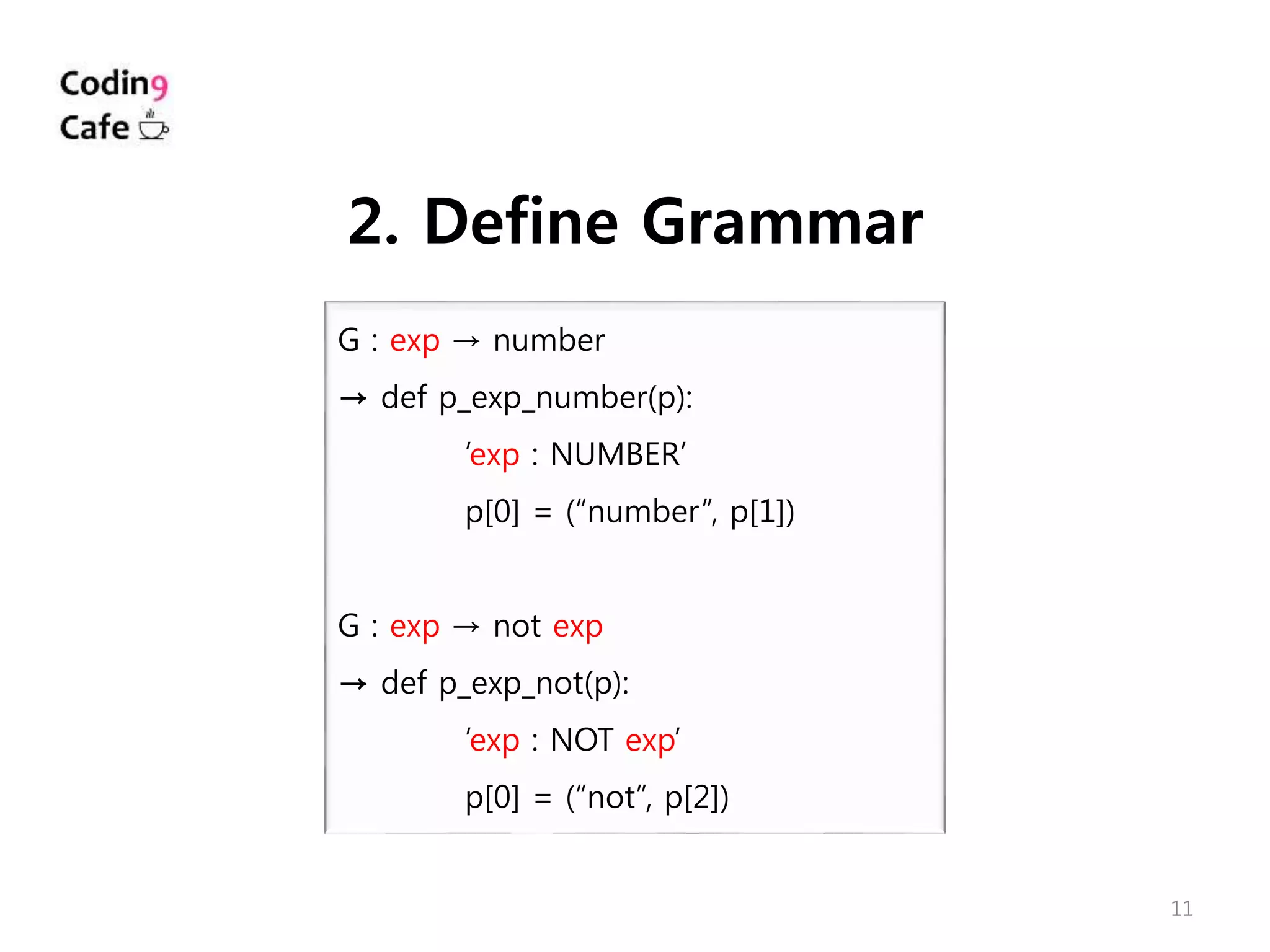 11
G : exp → number
→ def p_exp_number(p):
’exp : NUMBER’
p[0] = (“number”, p[1])
G : exp → not exp
→ def p_exp_not(p):
’exp : NOT exp’
p[0] = (“not”, p[2])
2. Define Grammar
 