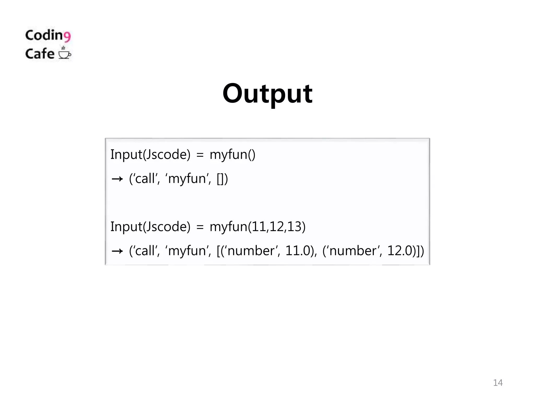 14
Input(Jscode) = myfun()
→ (‘call’, ‘myfun’, [])
Input(Jscode) = myfun(11,12,13)
→ (‘call’, ‘myfun’, [(‘number’, 11.0), (‘number’, 12.0)])
Output
 