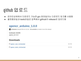 github 업로드
● 온라인상에에서 다운로드 가능한 gcc 컴파일러는 다운로드 링크를 사용함
● 플랫폼파일과 tools파일은 압축해서 github의 release로 업로드함
17
 