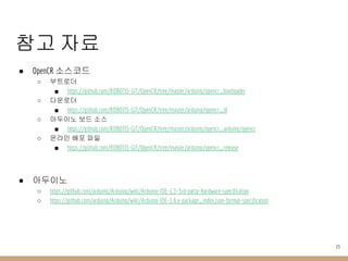 참고 자료
● OpenCR 소스코드
○ 부트로더
■ https://github.com/ROBOTIS-GIT/OpenCR/tree/master/arduino/opencr_bootloader
○ 다운로더
■ https://github.com/ROBOTIS-GIT/OpenCR/tree/master/arduino/opencr_ld
○ 아두이노 보드 소스
■ https://github.com/ROBOTIS-GIT/OpenCR/tree/master/arduino/opencr_arduino/opencr
○ 온라인 배포 파일
■ https://github.com/ROBOTIS-GIT/OpenCR/tree/master/arduino/opencr_release
● 아두이노
○ https://github.com/arduino/Arduino/wiki/Arduino-IDE-1.5-3rd-party-Hardware-specification
○ https://github.com/arduino/Arduino/wiki/Arduino-IDE-1.6.x-package_index.json-format-specification
23
 