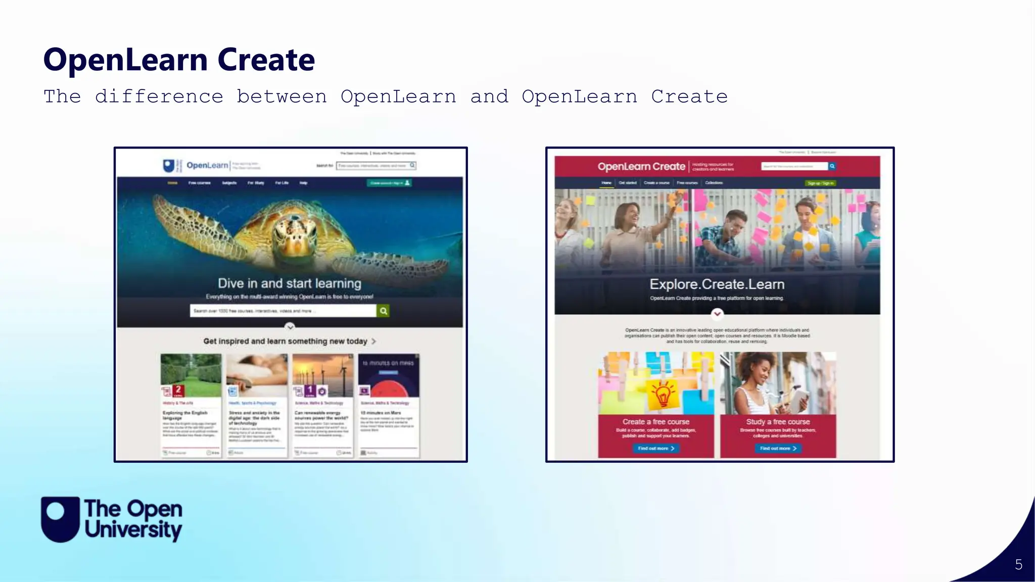 5
OpenLearn Create
The difference between OpenLearn and OpenLearn Create
 