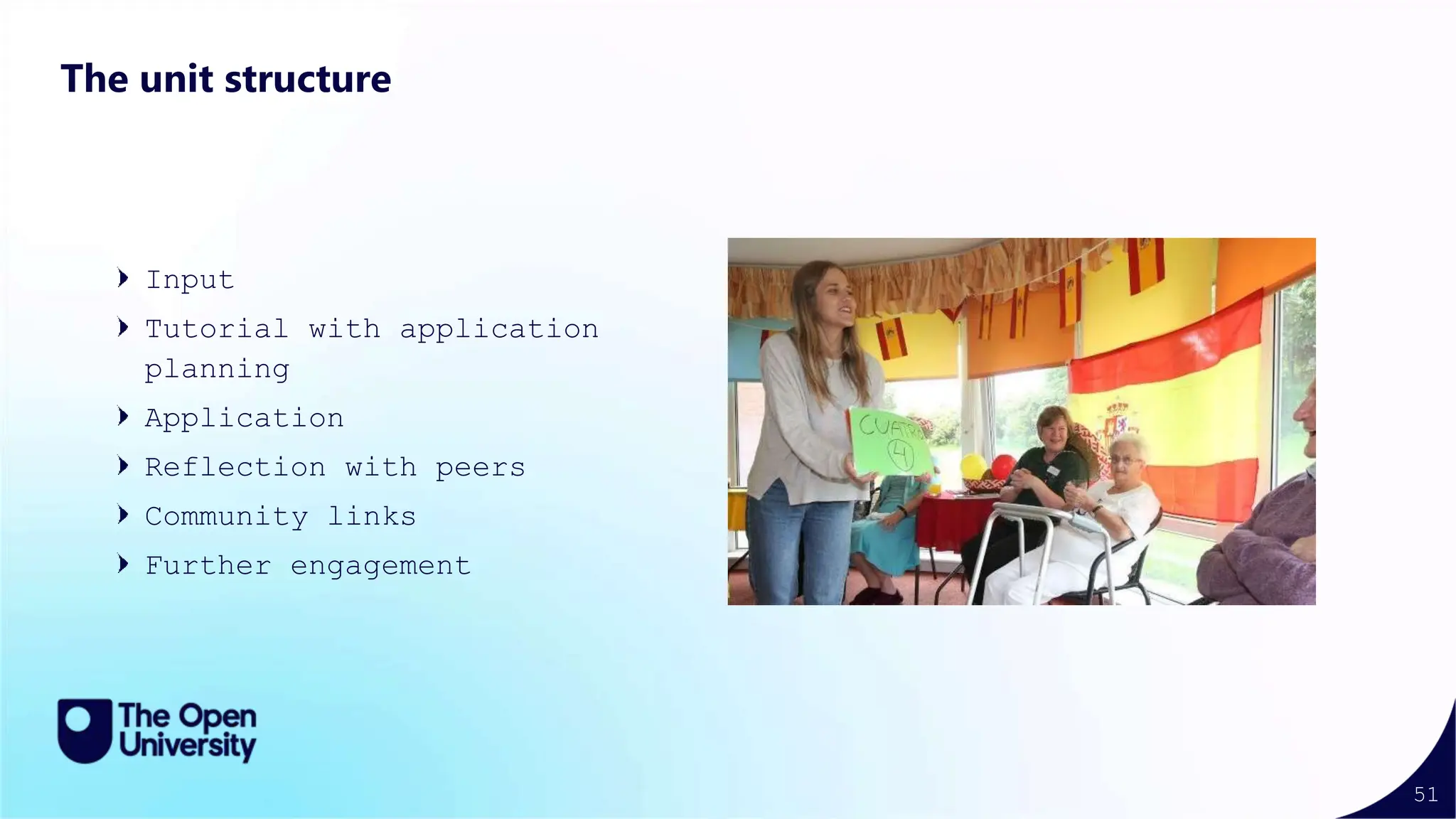 51
The unit structure
Input
Tutorial with application
planning
Application
Reflection with peers
Community links
Further engagement
 