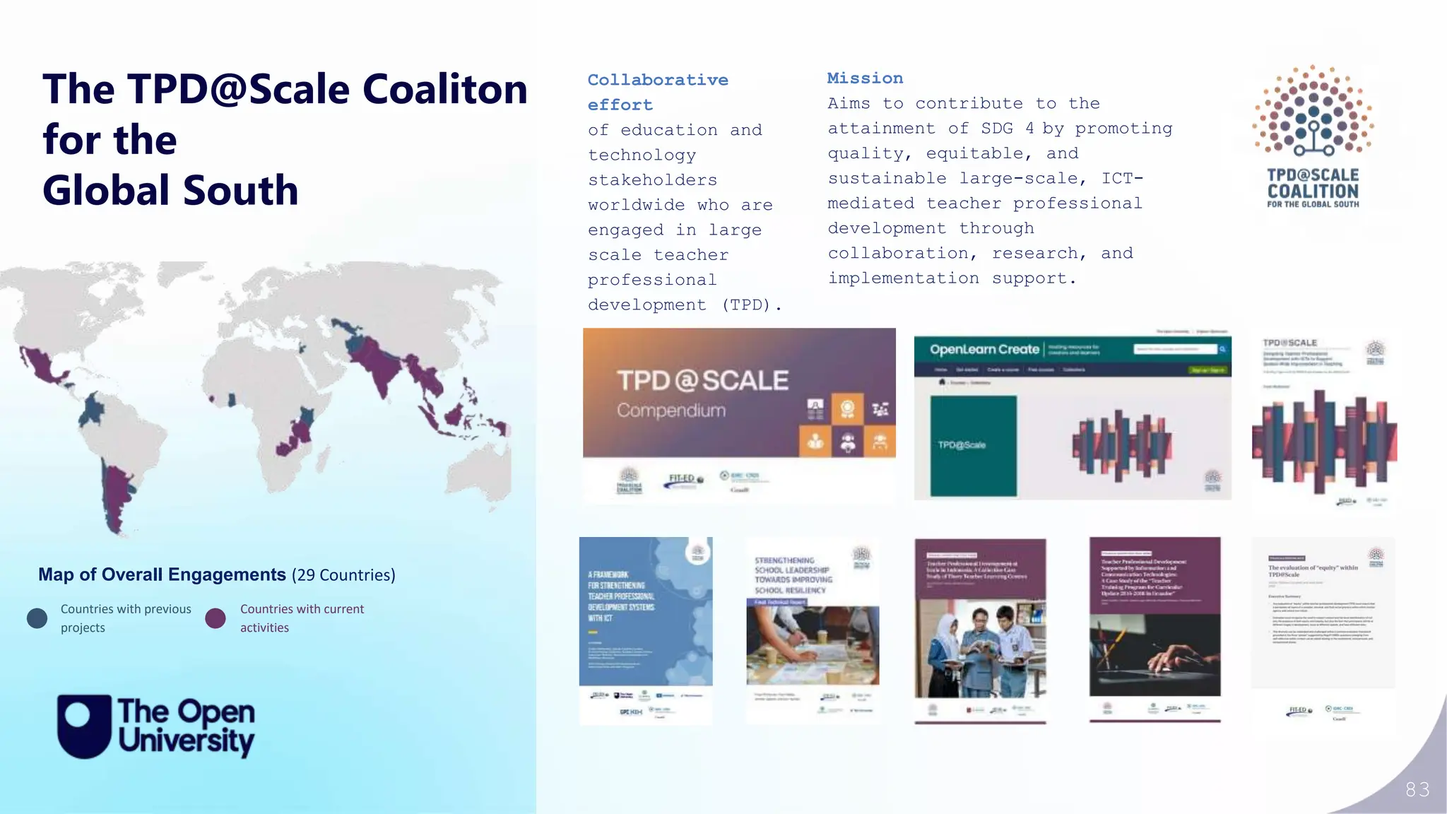 83
The TPD@Scale Coaliton
for the
Global South
Collaborative
effort
of education and
technology
stakeholders
worldwide who are
engaged in large
scale teacher
professional
development (TPD).
Countries with previous
projects
Countries with current
activities
Mission
Aims to contribute to the
attainment of SDG 4 by promoting
quality, equitable, and
sustainable large-scale, ICT-
mediated teacher professional
development through
collaboration, research, and
implementation support.
Map of Overall Engagements (29 Countries)
 
