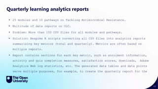 62
Quarterly learning analytics reports
• 25 modules and 10 pathways on Tackling Antimicrobial Resistance.
• Multitude of data reports on OLC.
• Problem: More than 150 CSV files for all modules and pathways.
• Solution: Bespoke R scripts converting all CSV files into analytics reports
summarising key metrics (total and quarterly). Metrics are often based on
multiple reports.
• Report contains sections for each key metric, such as enrolment information,
activity and quiz completion measures, satisfaction scores, downloads, Adobe
Analytics Web log statistics, etc. The generated data tables and data points
serve multiple purposes, for example, to create the quarterly report for the
funder.
 
