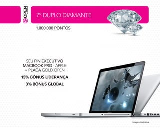 7º DUPLO DIAMANTE
1.000.000 PONTOS

SEU PIN EXECUTIVO
MACBOOK PRO - APPLE
+ PLACA GOLD OPEN
15% BÔNUS LIDERANÇA
3% BÔNUS GLOBAL

Imagem ilustrativa.

 
