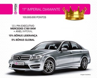 11º IMPERIAL DIAMANTE
100.000.000 PONTOS
SEU PIN EXECUTIVO
MERCEDES C180 0KM
+ ANEL IMPERIAL
15% BÔNUS LIDERANÇA
5% BÔNUS GLOBAL

Imagem ilustrativa.

 