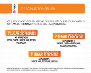 12º BÔNUS TOP SELLER

OS 3 ASSOCIADOS TOP EM VENDAS DE CADA MÊS QUE FREQUENTAREM O
SISTEMA DE TREINAMENTO, RECEBEM UMA PREMIAÇÃO.
QUALIFICADO COM

1º LUGAR 200 PRODUTOS

QUALIFICADO COM

2º LUGAR 100 PRODUTOS

KIT MARKETING III

RELÓGIO, CANETA, CAMISETA, BONÉ, ADESIVO,
CALCULADORA.

KIT MARKETING II

PENDRIVE, CANETA, CAMISETA, BONÉ,
ADESIVO E CALCULADORA.
QUALIFICADO COM

3º LUGAR 50 PRODUTOS
KIT MARKETING I

CAMISETA, BONÉ, ADESIVO, CALCULADORA.
ALÉM DA PREMIAÇÃO, O ASSOCIADO QUE SE QUALIFICAR 3 VEZES CONSECUTIVAS, RECEBERÁ UMA BONIFICAÇÃO EM DINHEIRO.
SOMENTE O PRIMEIRO COLOCADO EM CADA CATEGORIA GANHARÁ A PREMIAÇÃO.	

 