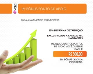 16º BÔNUS PONTO DE APOIO
PARA ALAVANCAR O SEU NEGÓCIO.

10% LUCRO NA DISTRIBUIÇÃO
EXCLUSIVIDADE A CADA 20 MIL
HABITANTES
INDIQUE QUANTOS PONTOS
DE APOIO VOCÊ QUISER E
GANHE

R$ 500,00
EM BÔNUS DE CADA
INDICAÇÃO.

 