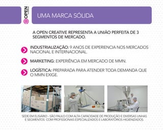 UMA MARCA SÓLIDA
A OPEN CREATIVE REPRESENTA A UNIÃO PERFEITA DE 3
SEGMENTOS DE MERCADO.
INDUSTRIALIZAÇÃO: 9 ANOS DE EXPERIENCIA NOS MERCADOS
NACIONAL E INTERNACIONAL.
MARKETING: EXPERIÊNCIA EM MERCADO DE MMN.
LOGÍSTICA: PREPARADA PARA ATENDER TODA DEMANDA QUE
O MMN EXIGE.

SEDE EM ELISIÁRIO - SÃO PAULO COM ALTA CAPACIDADE DE PRODUÇÃO E DIVERSAS LINHAS
E SEGMENTOS COM PROFISSIONAIS ESPECIALIZADOS E LABORATÓRIOS HIGIENIZADOS.

 