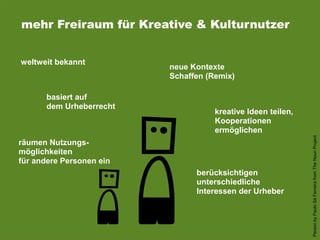 mehr Freiraum für Kreative & Kulturnutzer
PersonbyPauloSáFerreirafromTheNounProject
räumen Nutzungs-
möglichkeiten
für andere Personen ein
neue Kontexte
Schaffen (Remix)
kreative Ideen teilen,
Kooperationen
ermöglichen
basiert auf
dem Urheberrecht
weltweit bekannt
berücksichtigen
unterschiedliche
Interessen der Urheber
 