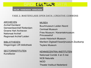 FASE 2: MASTERCLASS OPEN DATA | CREATIVE COMMONS


ARCHIEVEN                   MUSEA
Archief Eemland             Buurtmuseum Leiden Noord
Gemeentearchief Rotterdam
                            Centraal Museum
Groene Hart Archieven
Nationaal Archief           Fries Museum / Keramiekmuseum
Regionaal Archief Leiden    Princessehof
                            Joods Historisch Museum
BIBLIOTHEKEN                Maritiem Digitaal/Visserijmuseum Zoutkamp
Wageningen UR bibliotheek   Teylers Museum

SECTORINSTITUTEN            KENNISCENTRA/-INSTITUTEN
Kunstfactor
                            Nationaal Comité 4 en 5 mei
                            NCB Naturalis
                            NIOD
                            Theater Instituut Nederland
 