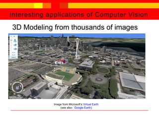 Interesting applications of Computer Vision
3D Modeling from thousands of images
Image from Microsoft’s Virtual Earth
(see also: Google Earth)
 