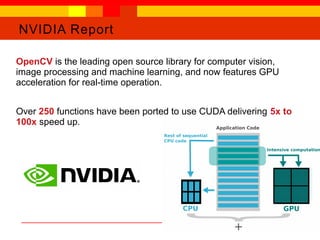 NVIDIA Report
OpenCV is the leading open source library for computer vision,
image processing and machine learning, and now features GPU
acceleration for real-time operation.
Over 250 functions have been ported to use CUDA delivering 5x to
100x speed up.
 